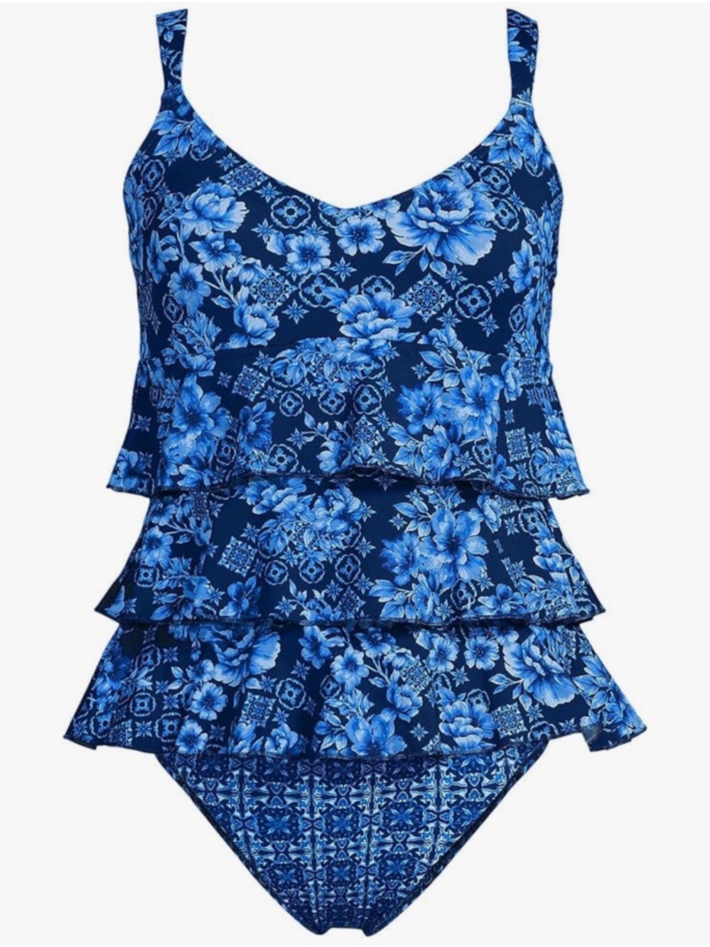 NWT Lands End Smoothing Control Ruffle Fauxkini 1 Piece Swimsuit Navy Floral 8L